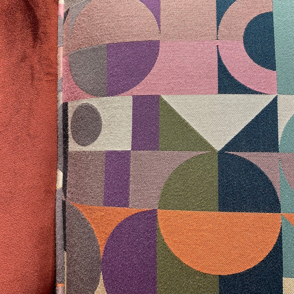 Art Deco-style woven fabric and a rich burgundy velvet