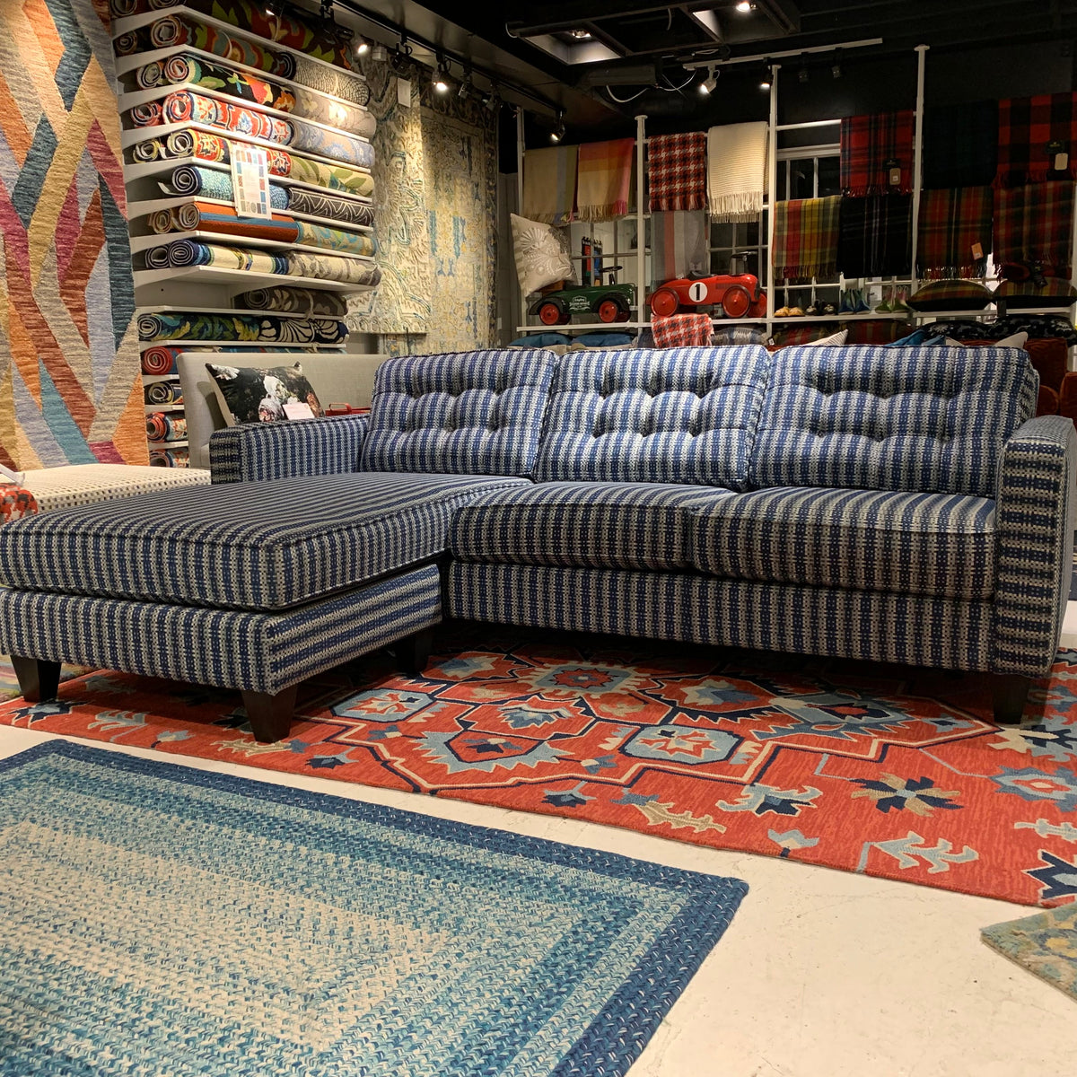 custom blue striped flip sectional sofa chaise