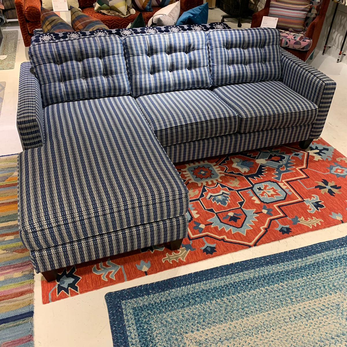 custom blue striped flip sectional sofa chaise