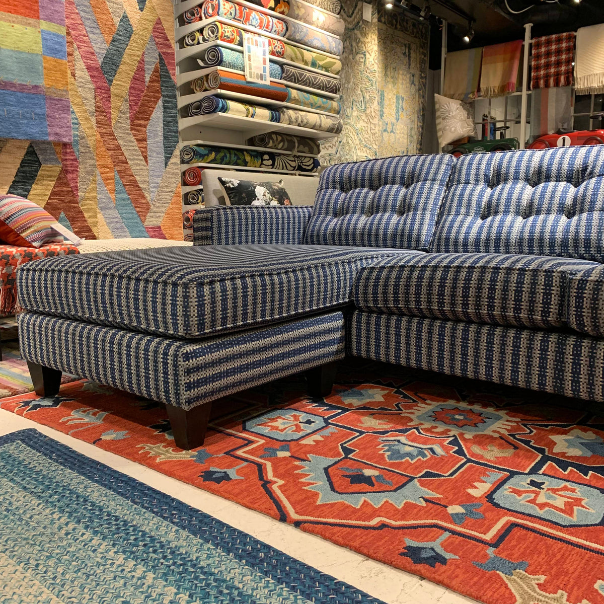 custom blue striped flip sectional sofa chaise