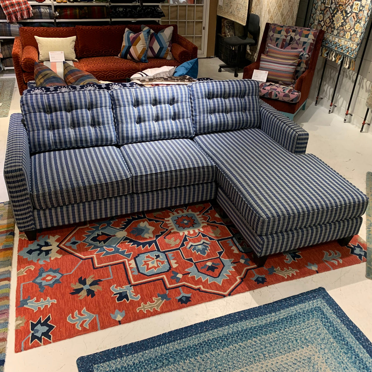 custom blue striped flip sectional sofa chaise