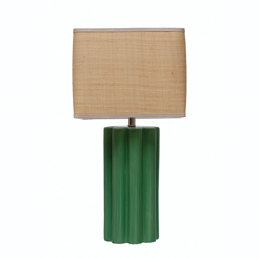 Green Stoneware Lamp W/ Raffia Shade